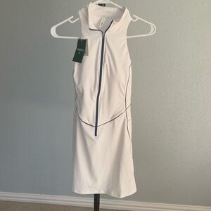 HALARA White Sleeveless Zip-Front Midi Dress with Navy Piping